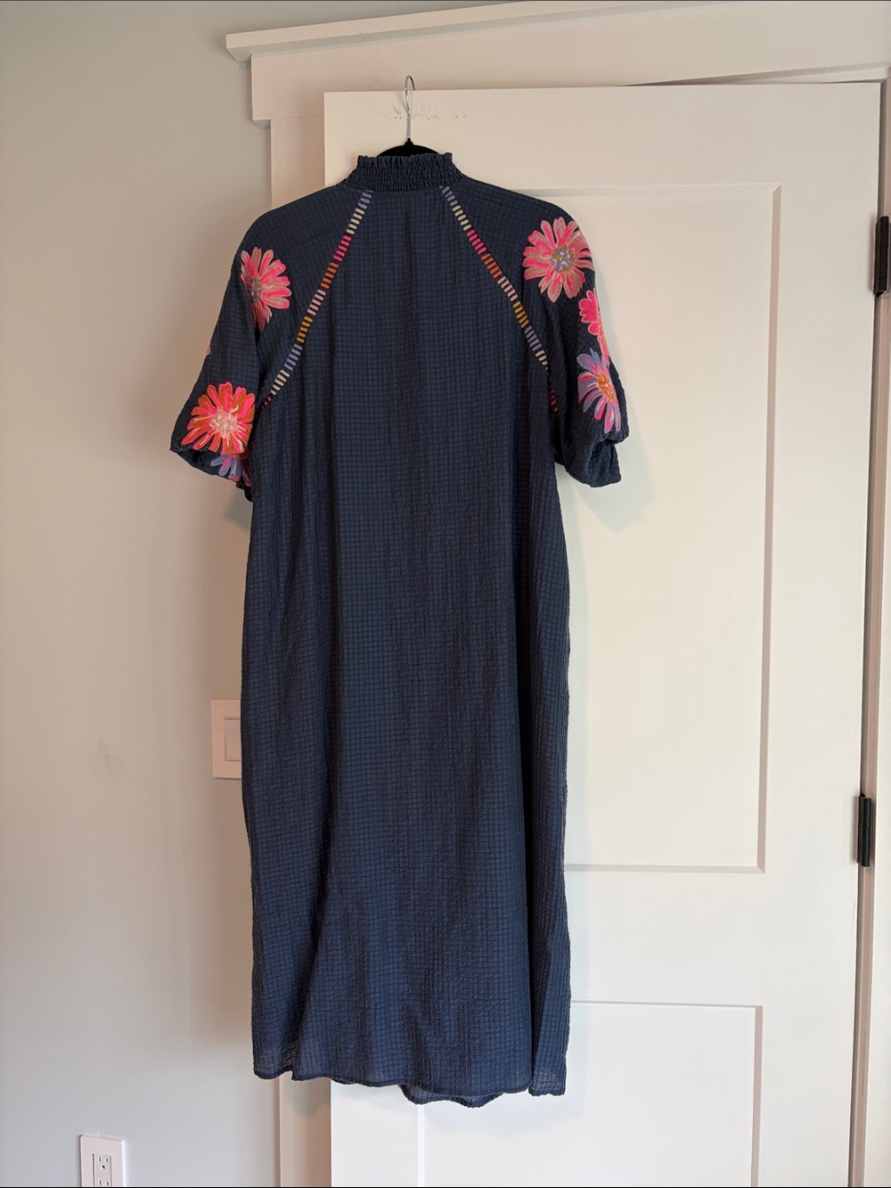 THML The Consistency Navy Embroidered Midi Dress with Tie Belt - Picture 7 of 10
